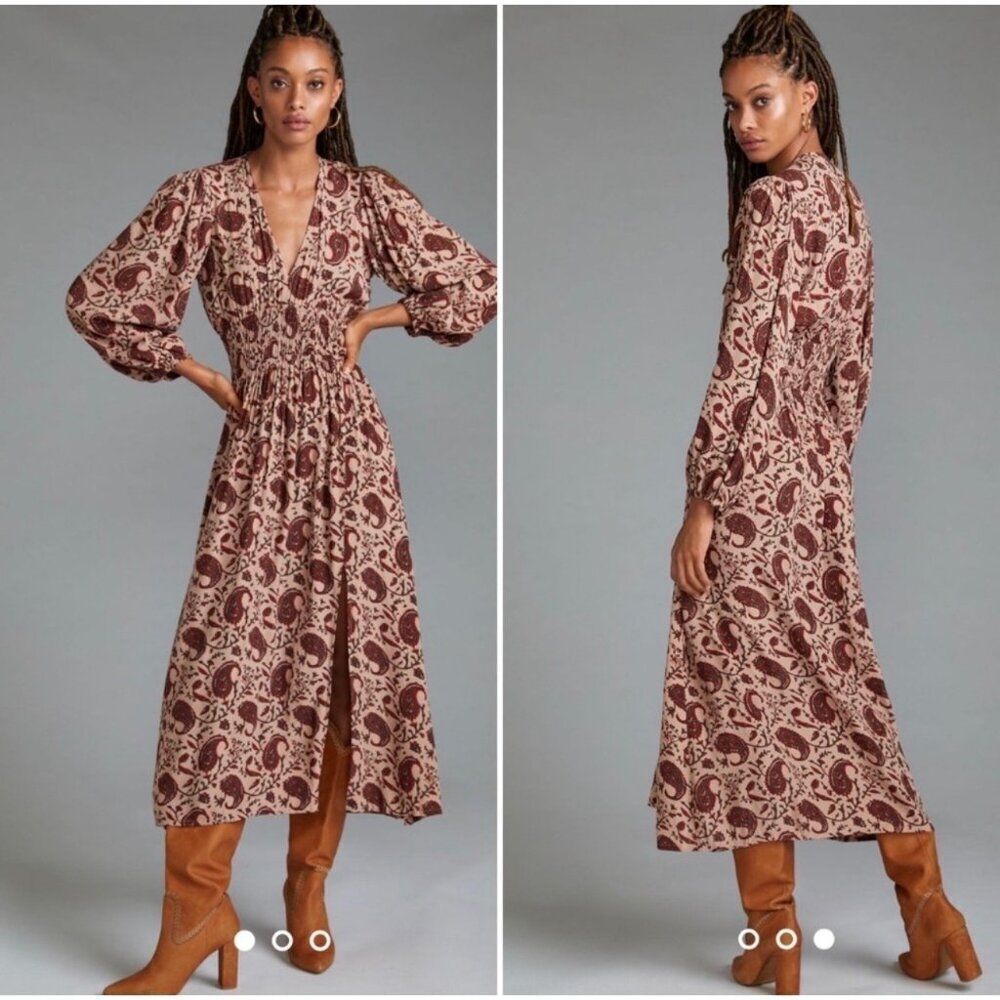 Anthropologie Lusana Paisley Printed Long Sleeve Slit Front Maxi Dress Size Med